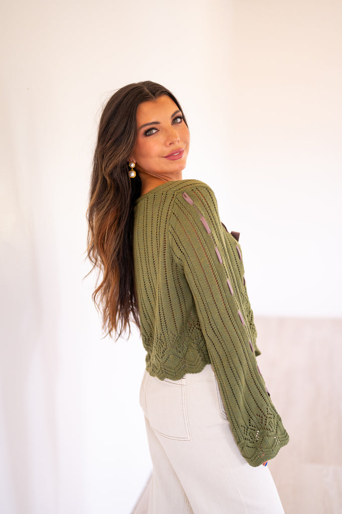 Olivia Laced Ribbon Cardigan-Olive Green