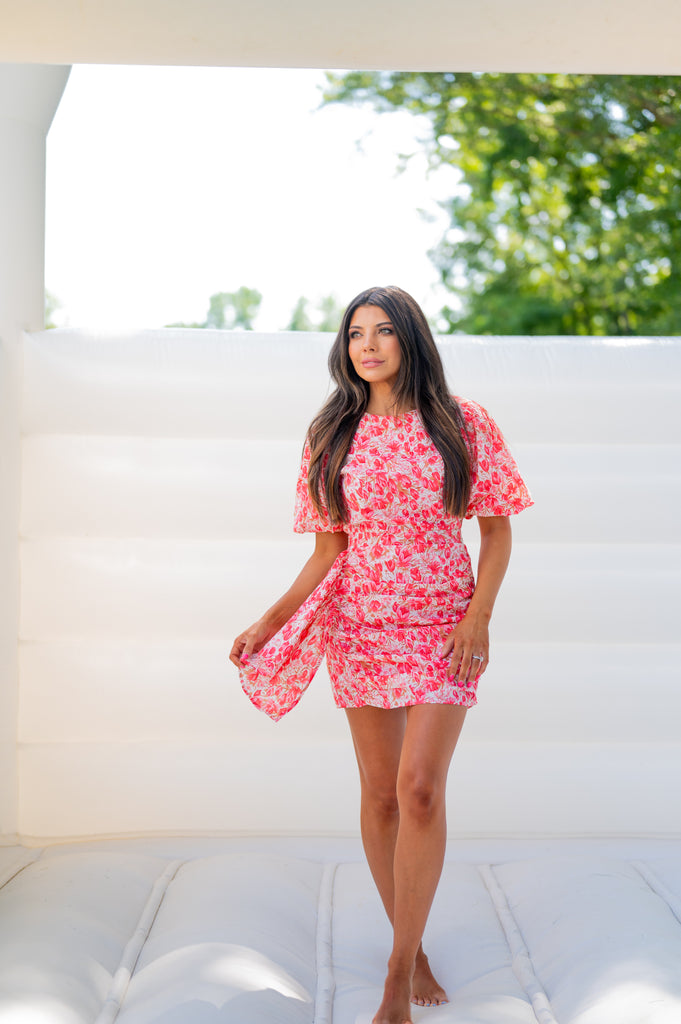 Ruched Floral Puff Sleeve Dress-Cherry Pink RESTOCKED Ruched Floral Puff Sleeve Dress-Cherry Pink RESTOCKED