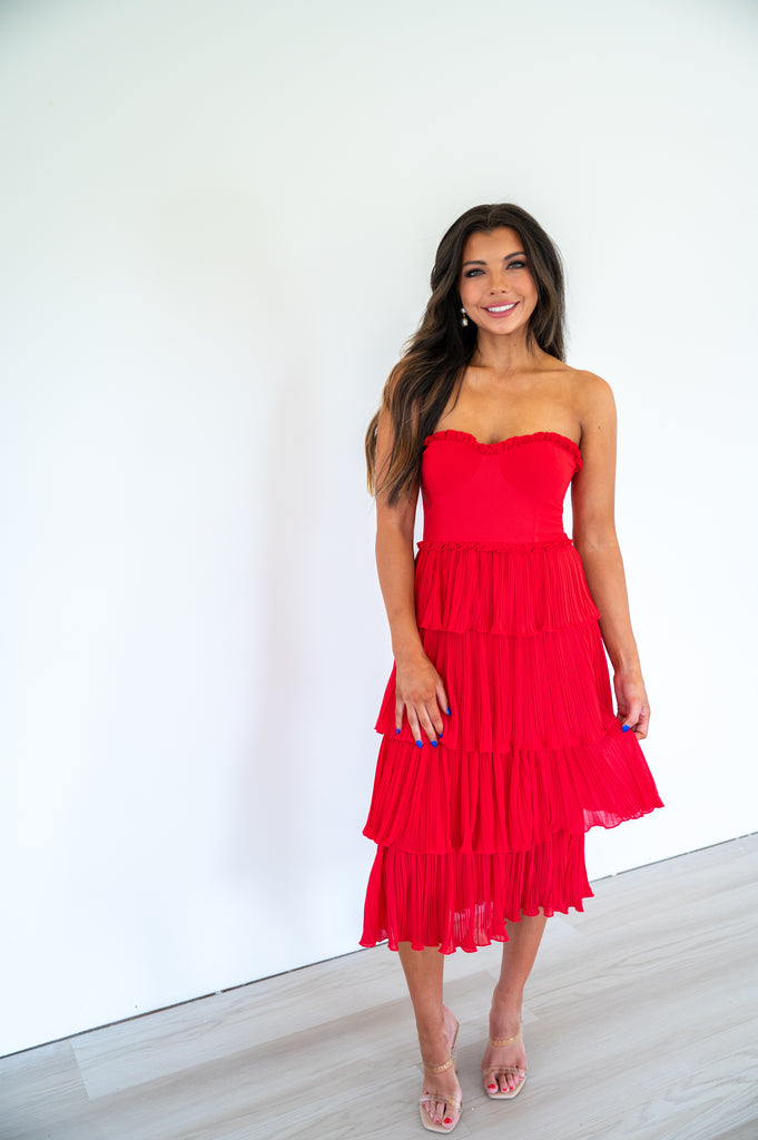 Caselyn Strapless Tiered Midi Dress-Red