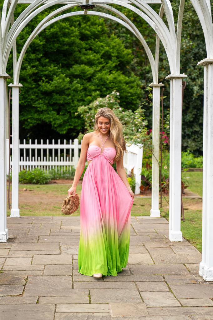 Kylan Halter Pleated Maxi Dress-Pink/Lime