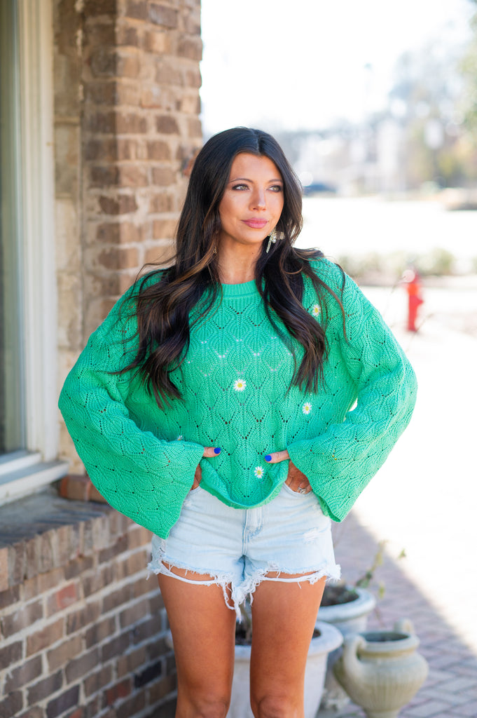 Daisy Embroidered Knit Sweater-Green