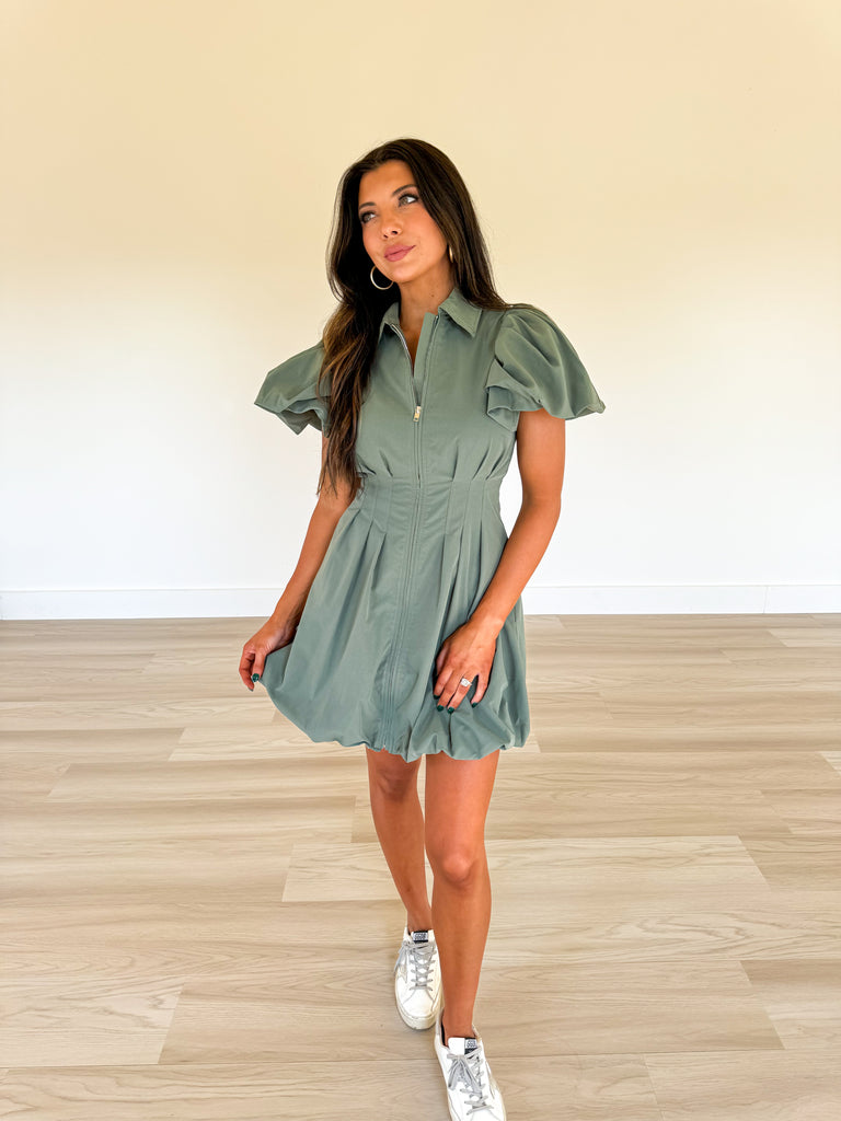 Carter Puff Sleeve Mini Dress-Olive