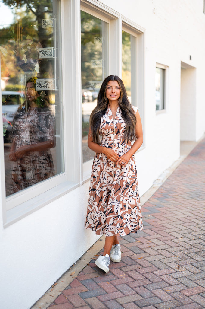 Steph Floral Zipper Midi Dress-Taupe