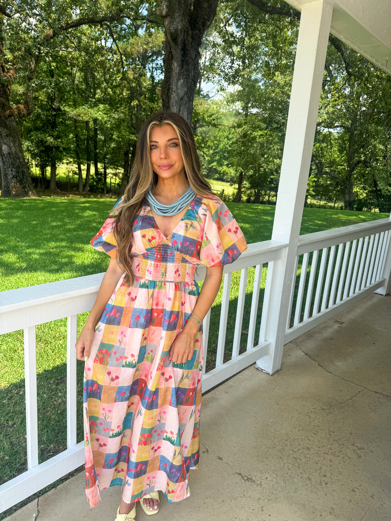 Puff Sleeve Floral Checkered Midi Dress
