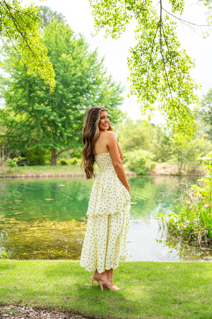 Sandy Strapless Tiered Floral Midi Dress-Yellow