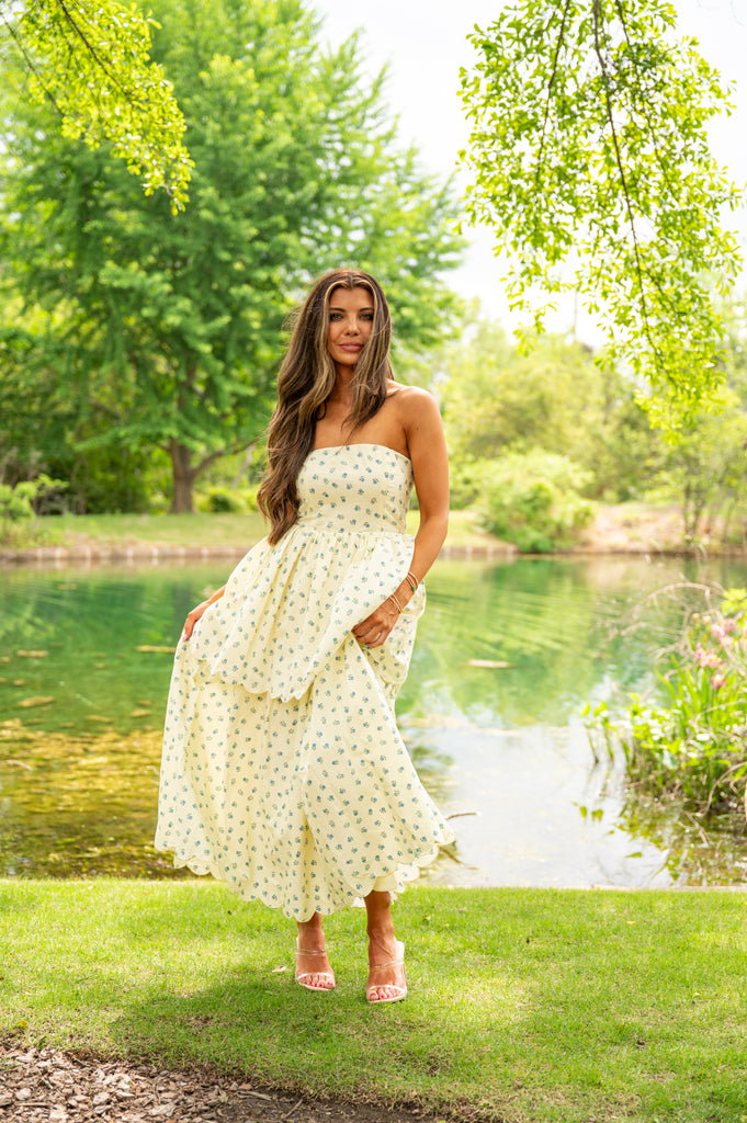 Sandy Strapless Tiered Floral Midi Dress-Yellow | Inside Out Boutique Sandy Strapless Tiered Floral Midi Dress-Yellow | Inside Out Boutique