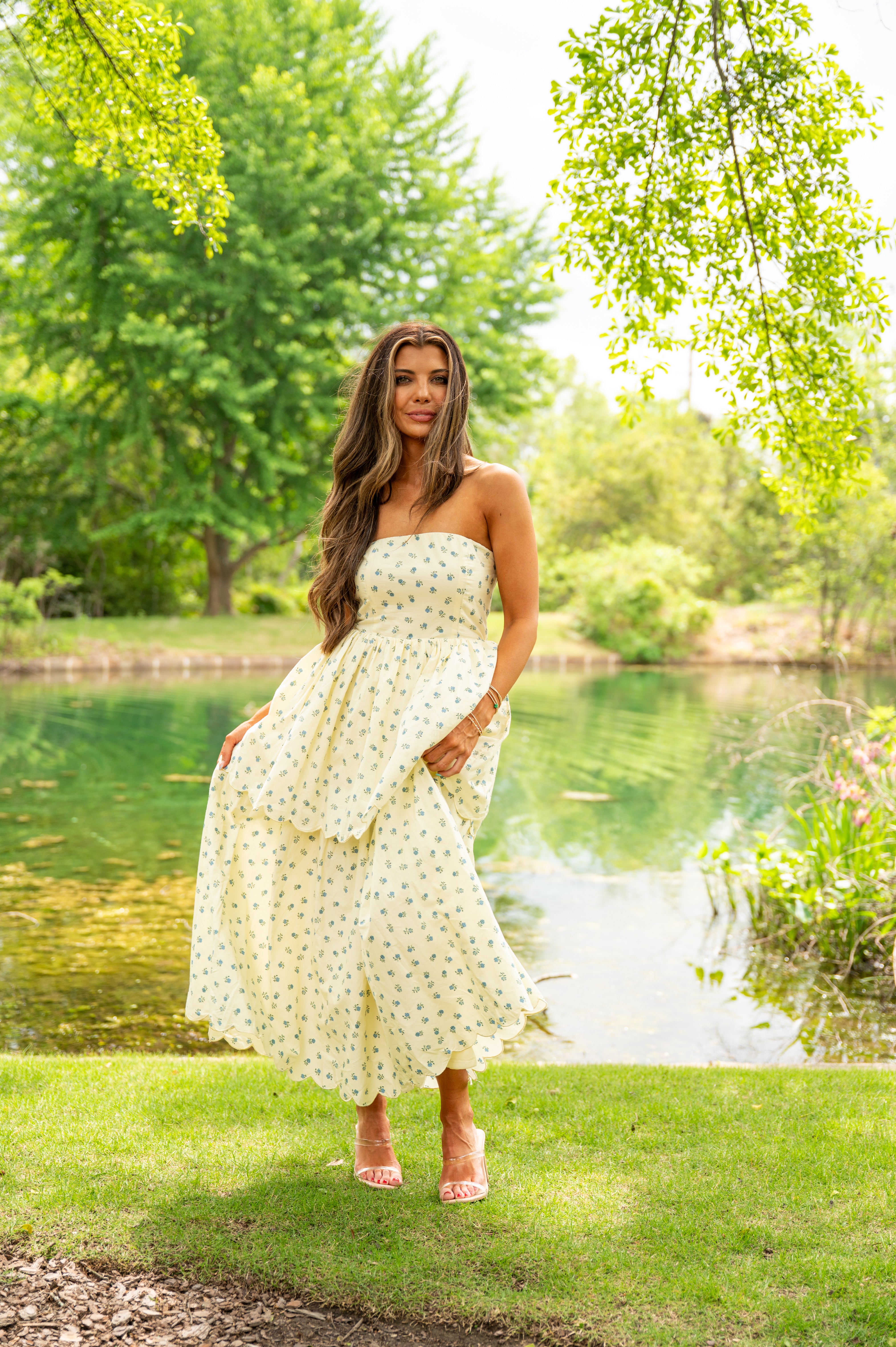 Sandy Strapless Tiered Floral Midi Dress-Yellow | Inside Out Boutique Sandy Strapless Tiered Floral Midi Dress-Yellow | Inside Out Boutique