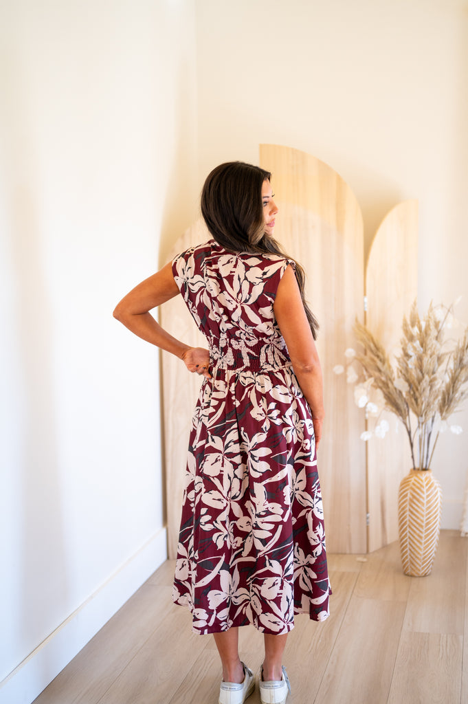 Steph Floral Zipper Midi Dress-Burgundy Red