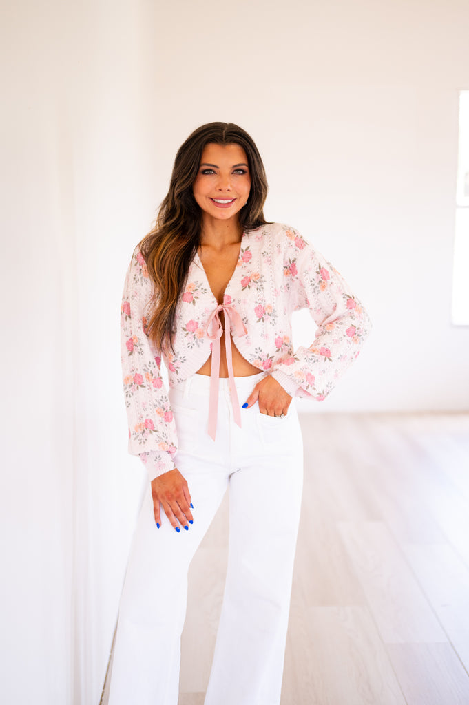 Evie Floral Bow Cardigan-Pink