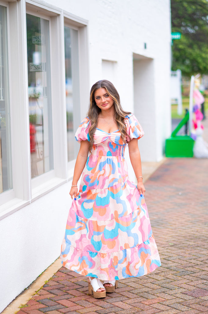 Pastel Puff Sleeve Midi Dress-Multi Color | Inside Out Boutique Pastel Puff Sleeve Midi Dress-Multi Color | Inside Out Boutique