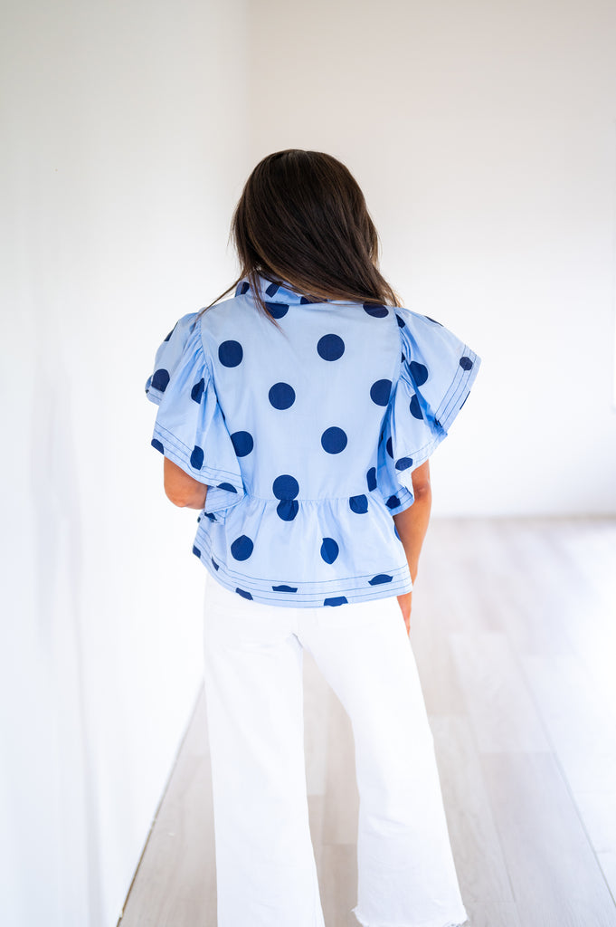 Shannon Polka Dot Ruffle Top-Blue