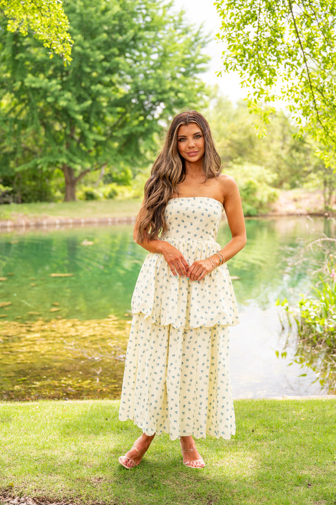 Sandy Strapless Tiered Floral Midi Dress-Yellow Sandy Strapless Tiered Floral Midi Dress-Yellow