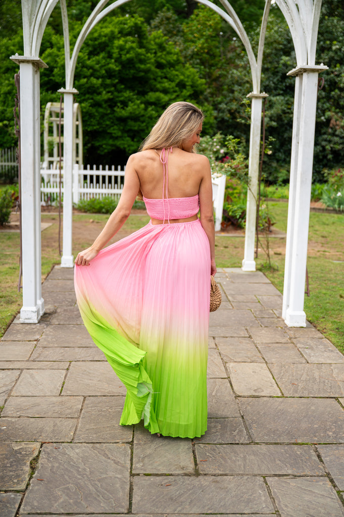Kylan Halter Pleated Maxi Dress-Pink/Lime
