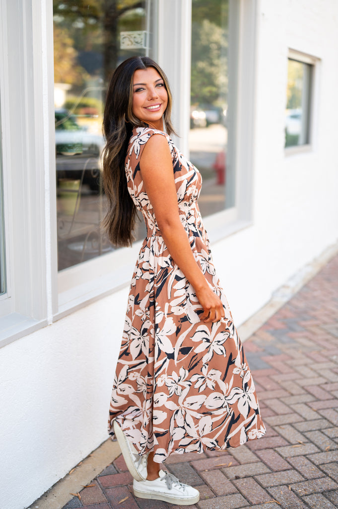 Steph Floral Zipper Midi Dress-Taupe