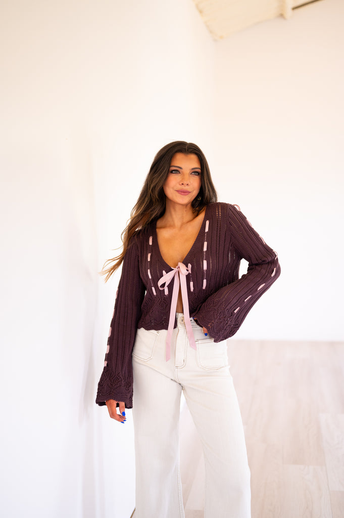 Olivia Laced Ribbon Cardigan-Chocolate