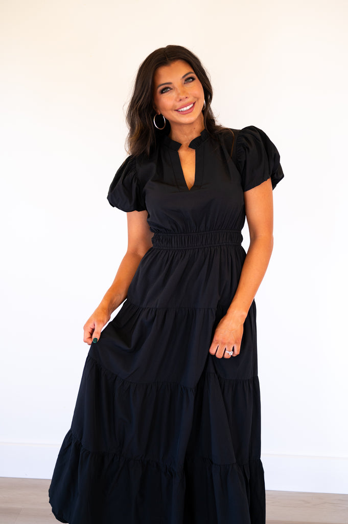 Dana Puff Sleeve Tiered Dress-Black