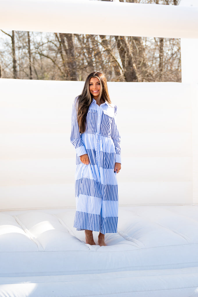 blue and white stripe maxi dress Women's Blue Striped Maxi Dress | Avara