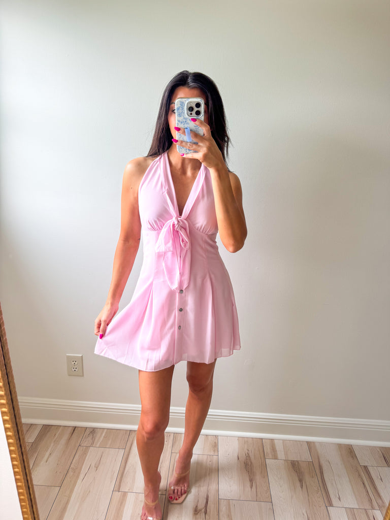front tie mini dress Halter Front Tie Mini Dress-Pink
