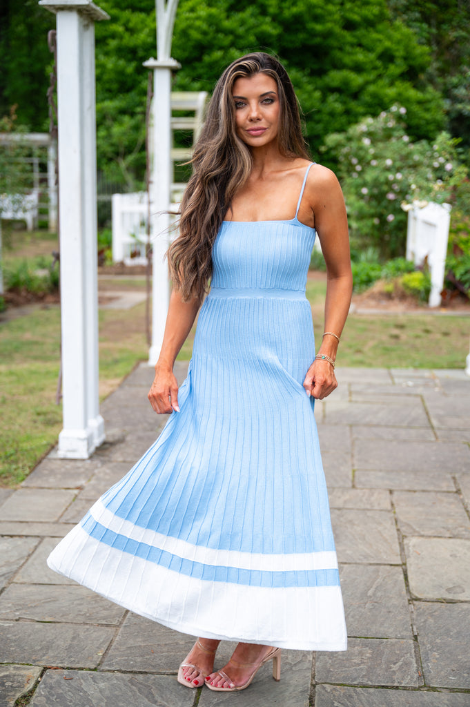 Audrey Pleated Knit Maxi Dress-Blue