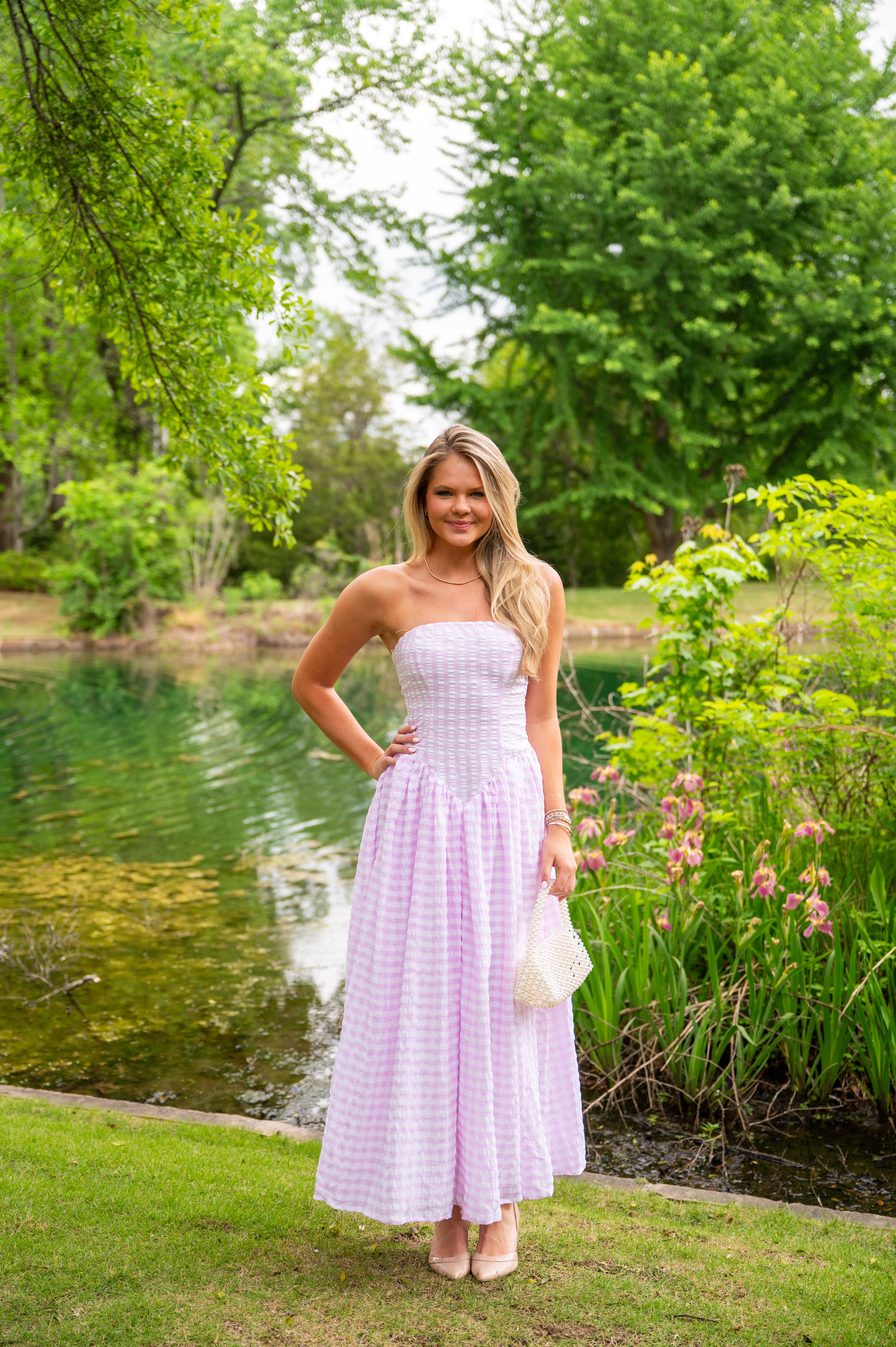 purple gingham strapless dress Mac Duggal Embellished Boucle Strapless Midi Dress, Womens, 2, Lilac