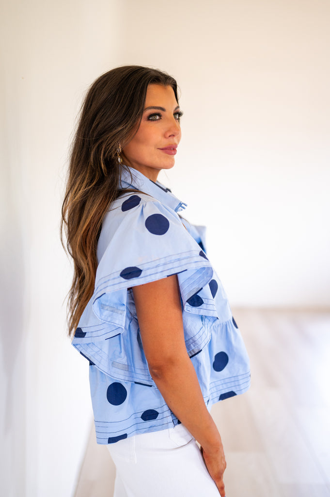 Shannon Polka Dot Ruffle Top-Blue