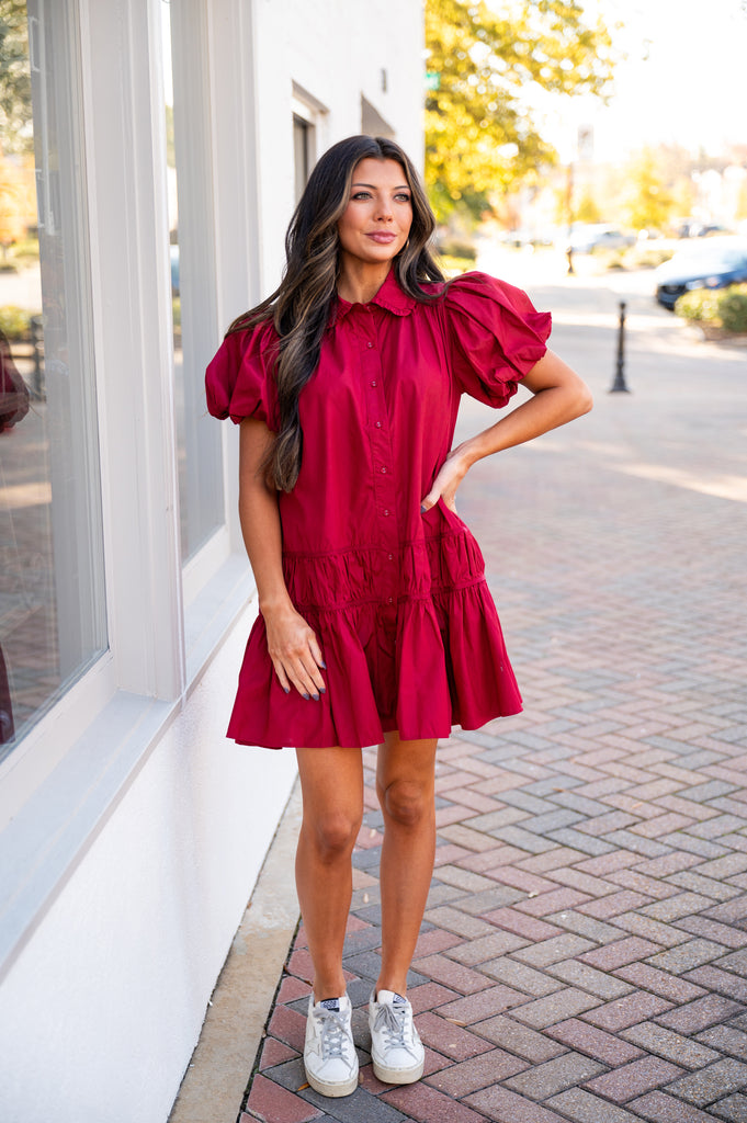 Natalie Puff Sleeve Dress-Crimson