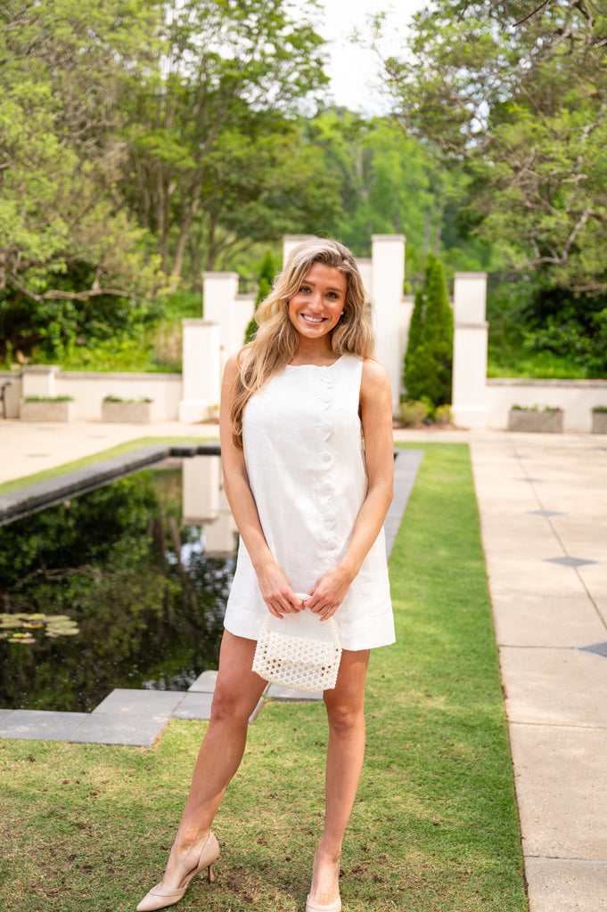 Addison Button Linen Dress-White