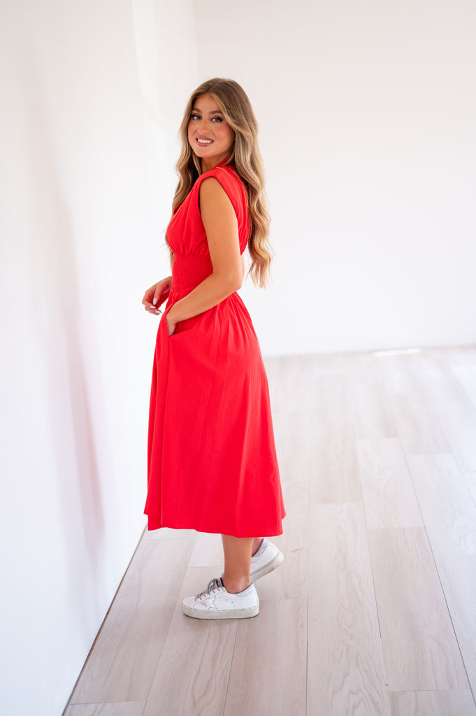 red dress with zipper down the back Red Ruched Midi Dress With Zipper Detail