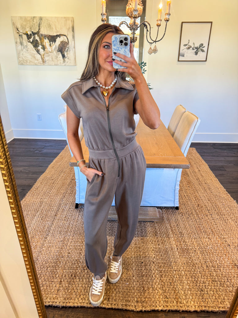 Tina Short Sleeve Jumpsuit-Olive Green - Main Image