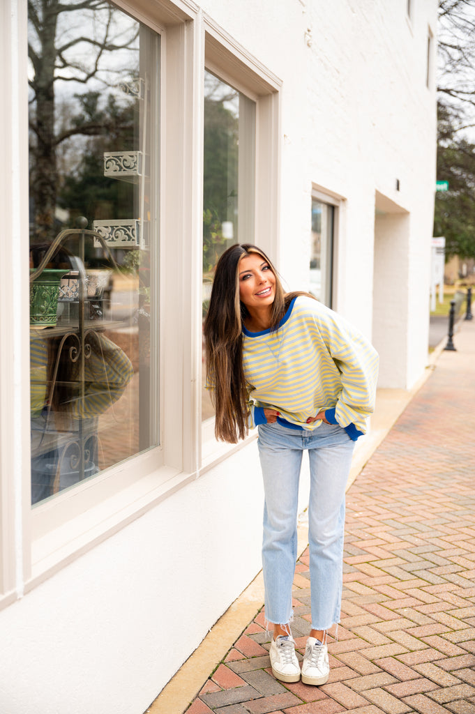 Gabby Stripe Oversized Top-Blue/Yellow