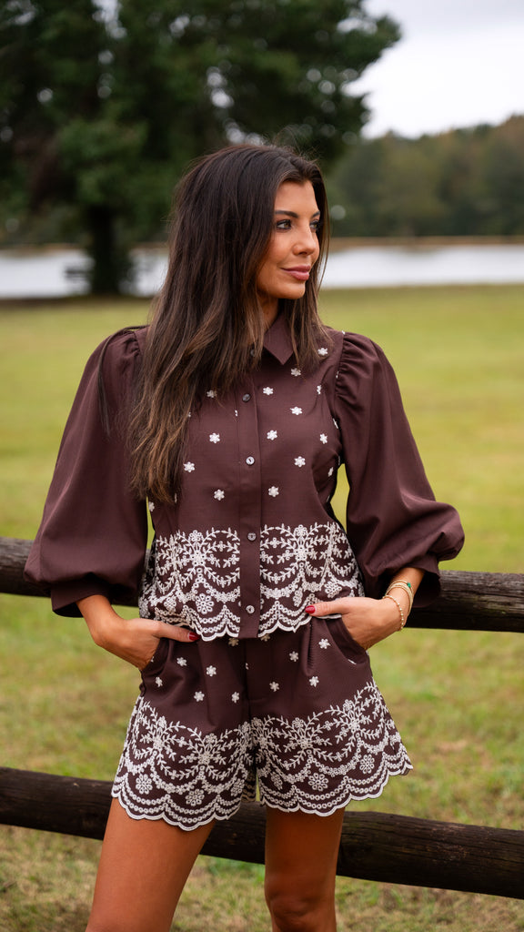 Puff Sleeve Embroidered Shorts Set-Brown