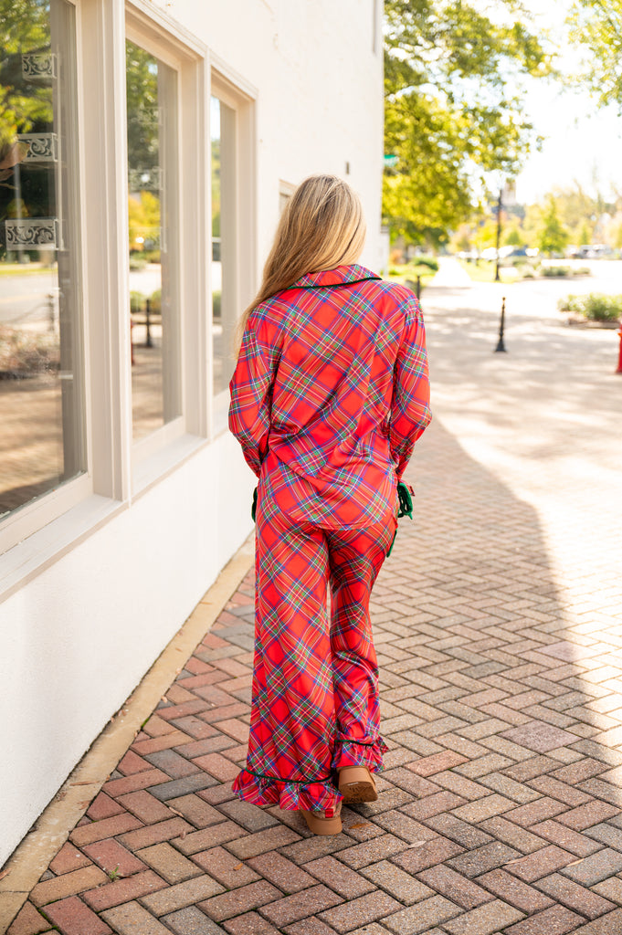 Darcy Plaid Satin Pajama Set-Red