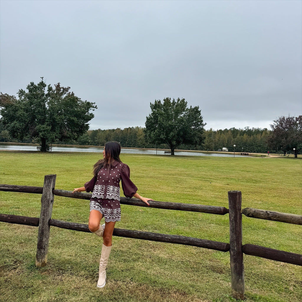 Puff Sleeve Embroidered Shorts Set-Brown