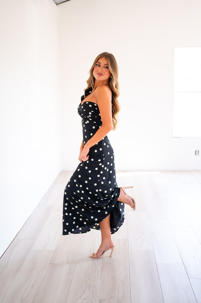 Kate Polka Dot One Shoulder Dress-Black