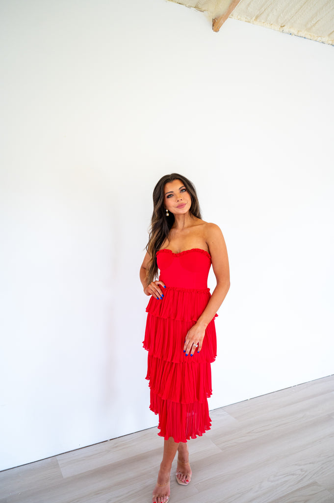 Caselyn Strapless Tiered Midi Dress-Red