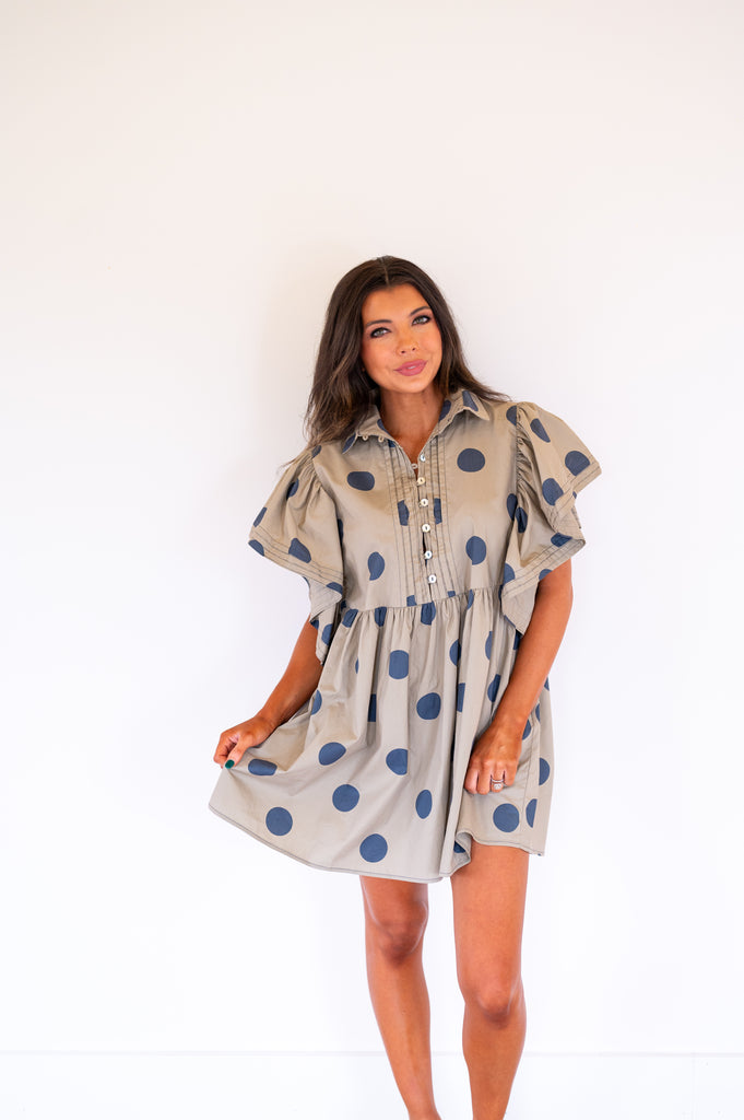 Polka Dot Babydoll Dress-Taupe