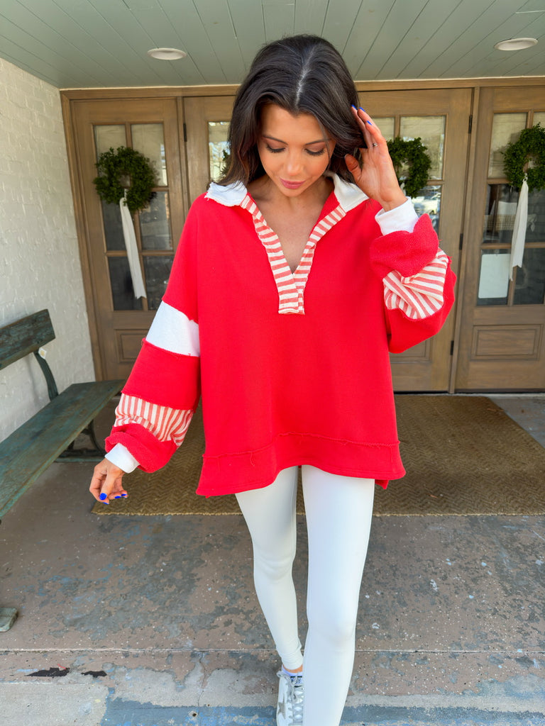 Haven Collared Tunic Pullover-Red/White