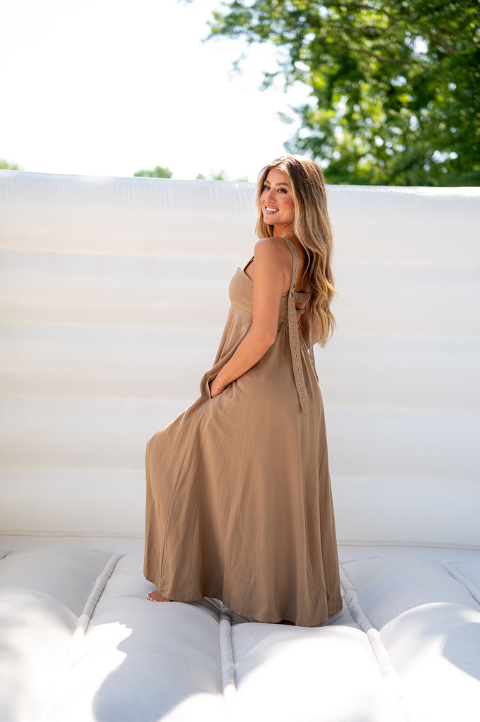 tan summer dress European Summer Maxi Slit Dress-Tan