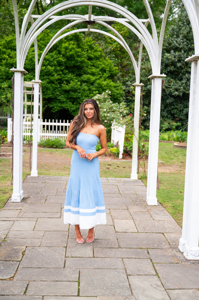 Audrey Pleated Knit Maxi Dress-Blue