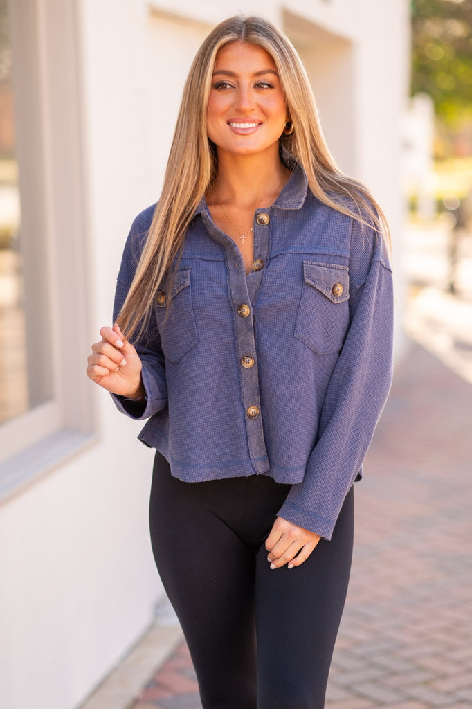 Navy Cropped Button Down Top