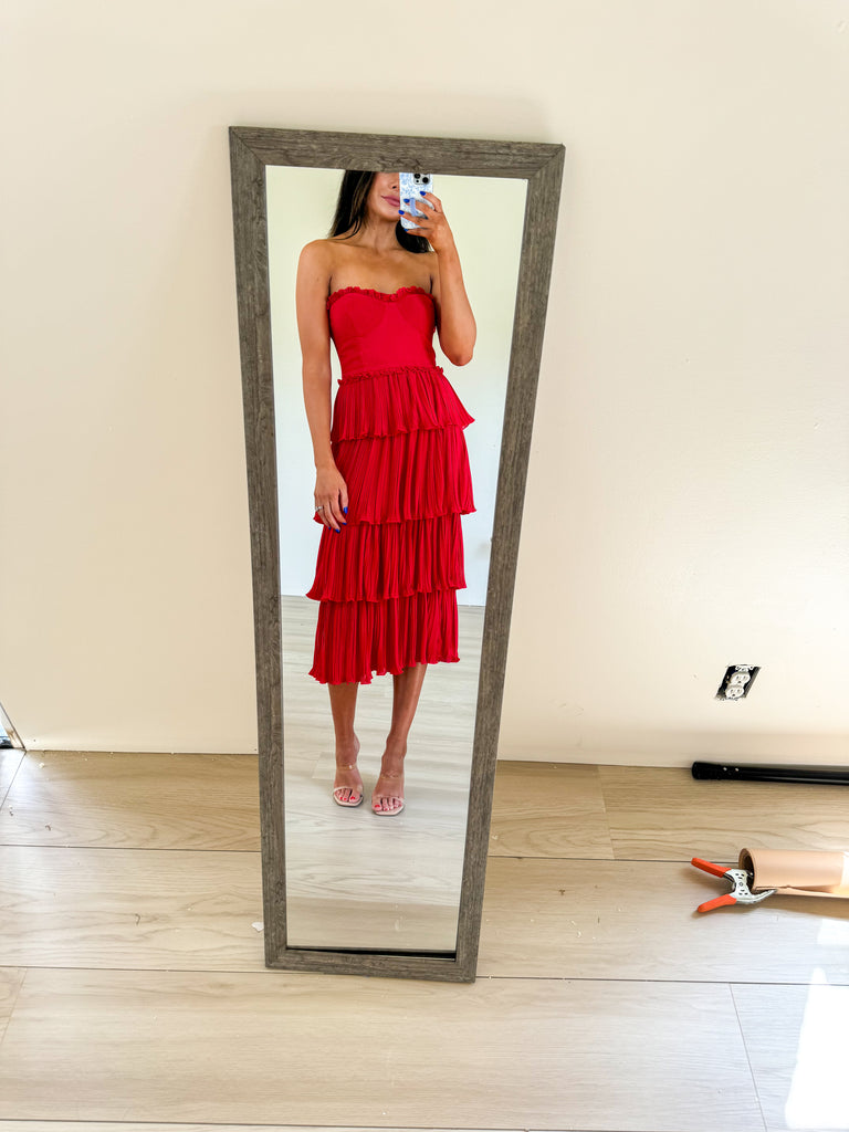 Caselyn Strapless Tiered Midi Dress-Red