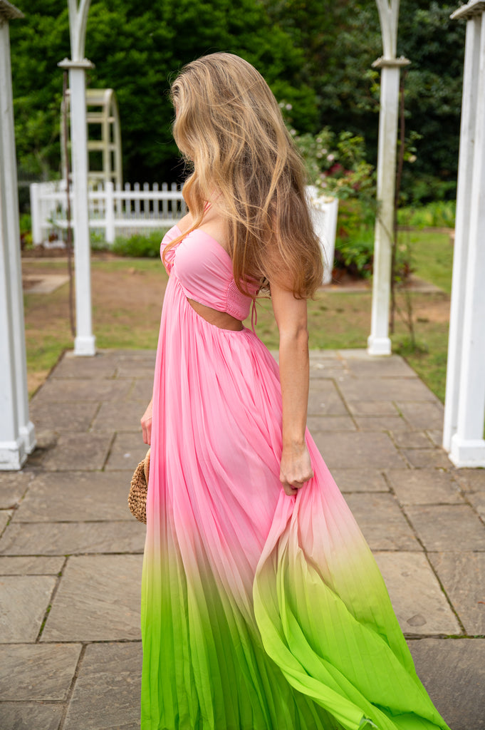 Kylan Halter Pleated Maxi Dress-Pink/Lime