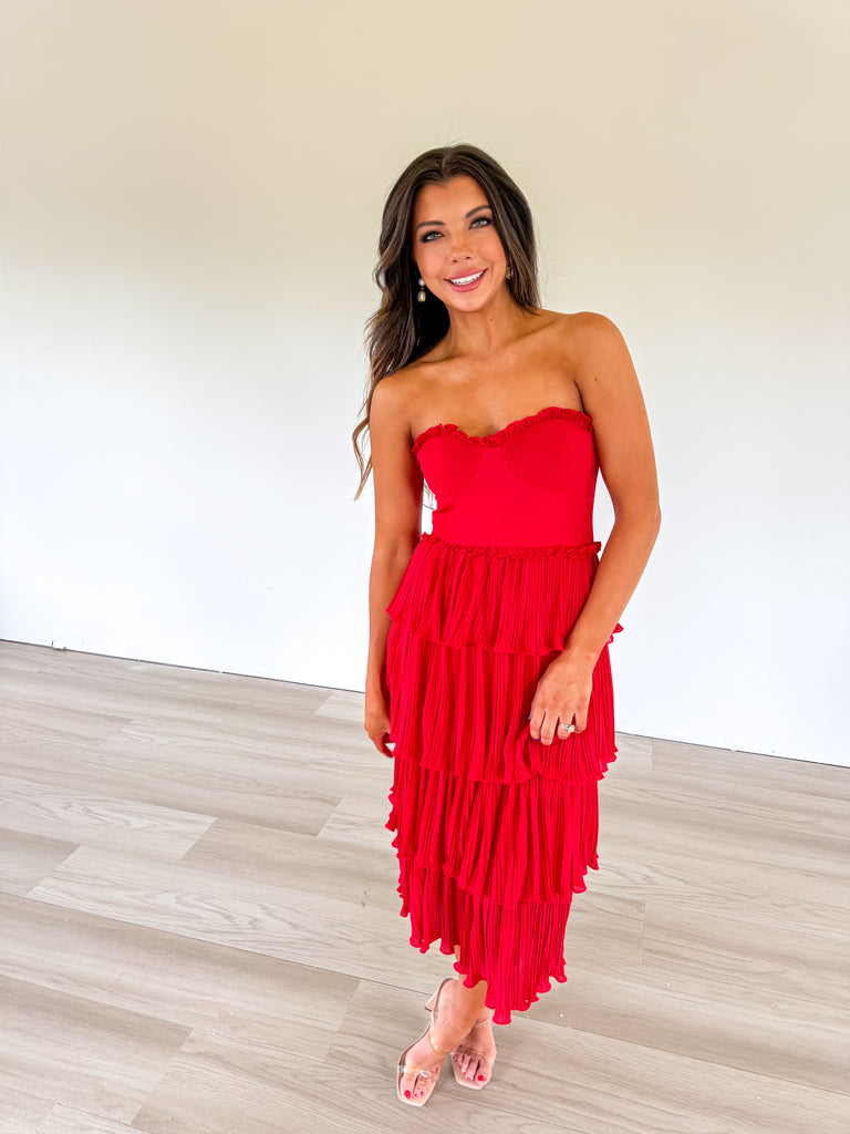 Caselyn Strapless Tiered Midi Dress-Red