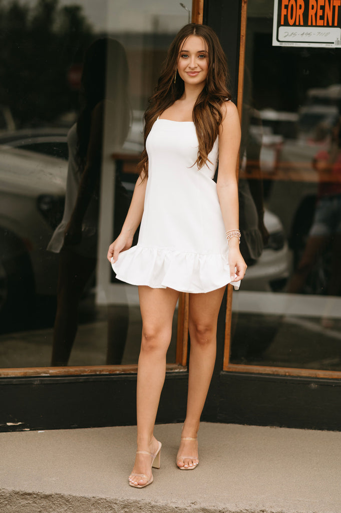 aces cami strap ruffle hem mini bodycon dress white NWT Selfie Leslie Black Aces Ruffle Hem Mini Bodycon Dress Size Large