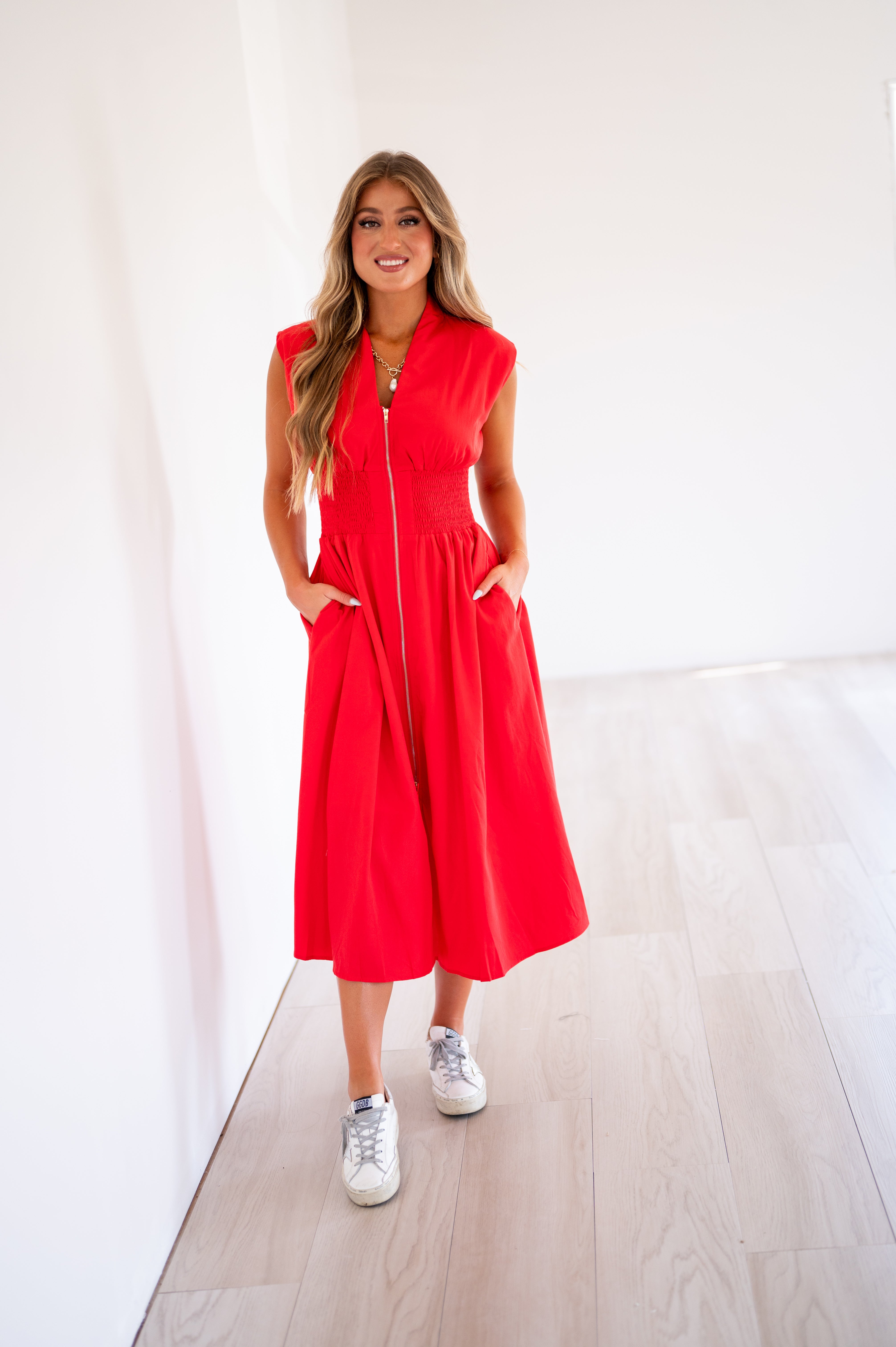 fitted lace wedding dress Red Ruched Midi Dress With Zipper Detail main image 0