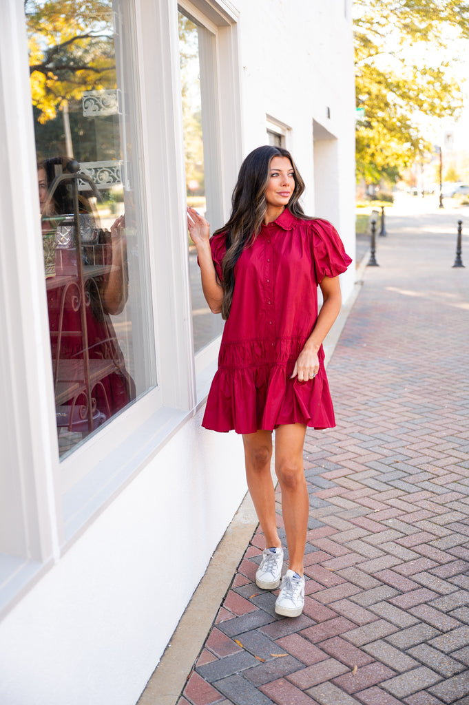 Natalie Puff Sleeve Dress-Crimson