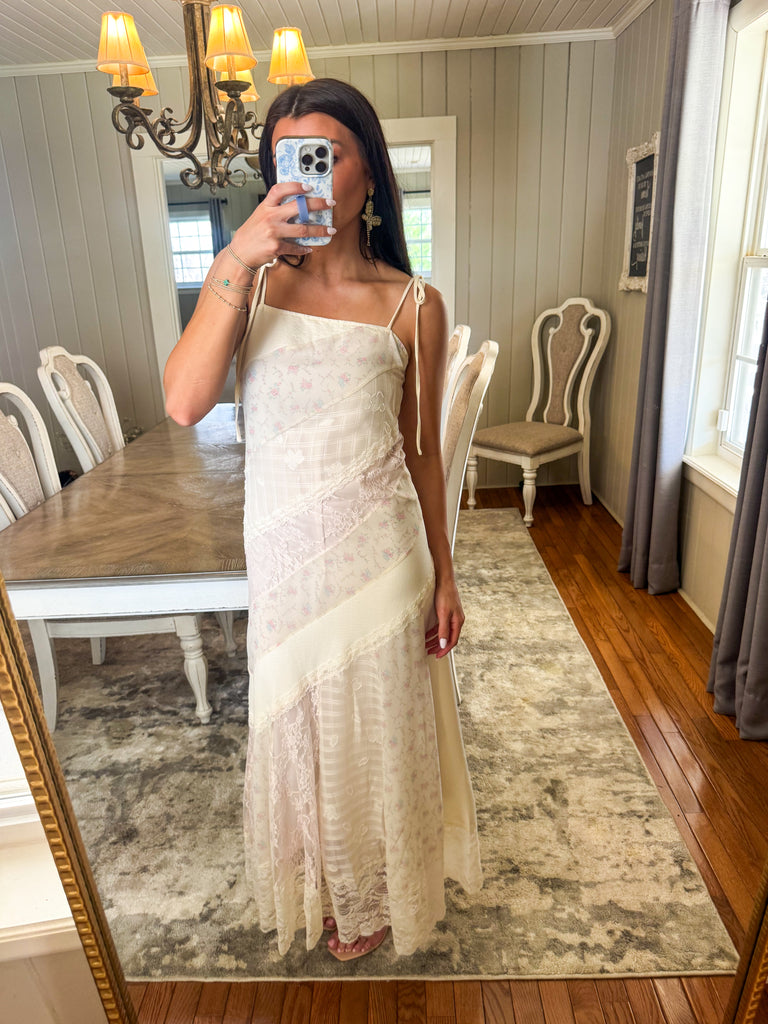 Floral Lace Midi Dress-Cream/Pink