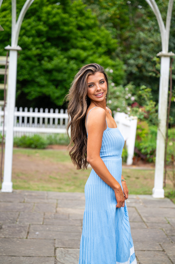 Audrey Pleated Knit Maxi Dress-Blue