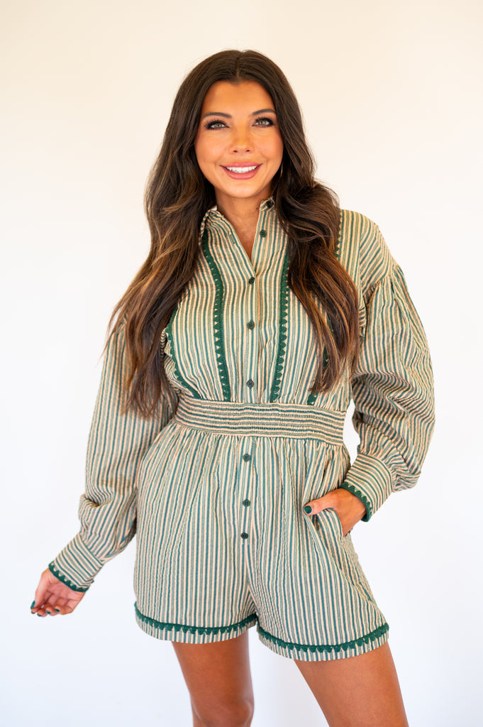 Kenna Button Down Romper-Green