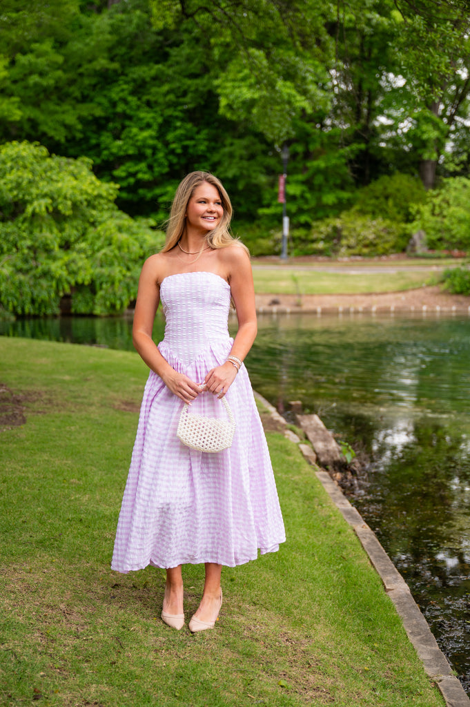 Gingham Strapless Maxi Dress-Pink